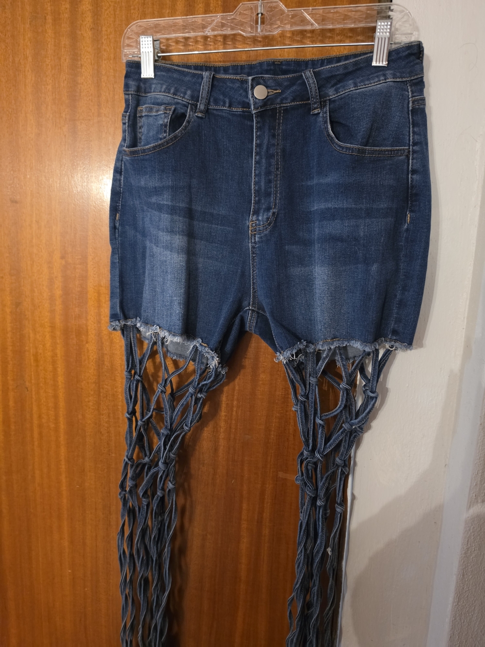 Dark Blue Fringe-Trim Denim Shorts Jeans
